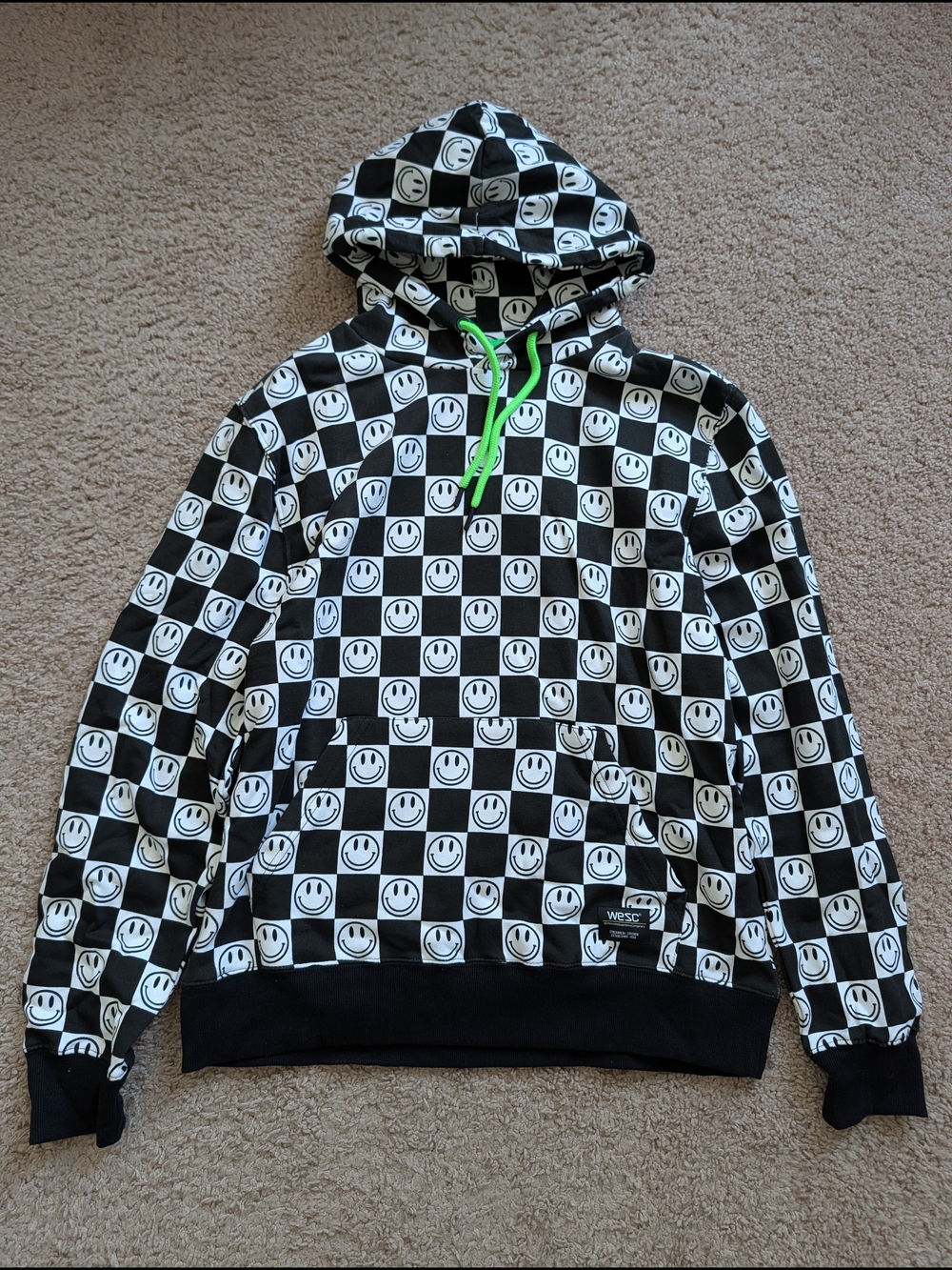 Wesc Unisex Black Noir Mike Checkerboard Smiley Face Pullover Hoodie NWT XL